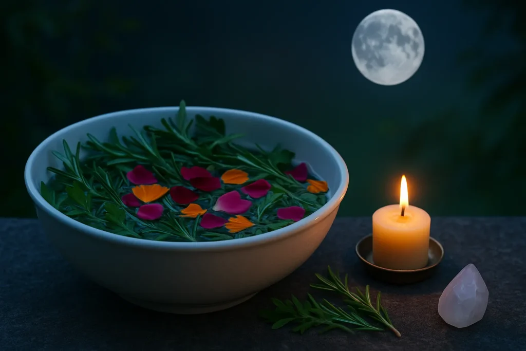  Bacia com ervas frescas, pétalas coloridas, vela acesa e cristal ao luar — representação espiritual de purificação e conexão com a energia lunar.