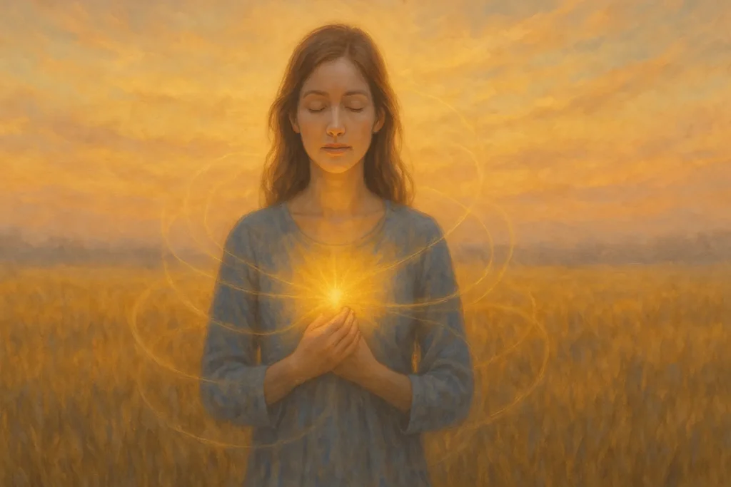 Mulher serena com luz dourada irradiando do peito em campo iluminado pelo nascer do sol, representando a elevação da vibração e da sensibilidade espiritual.