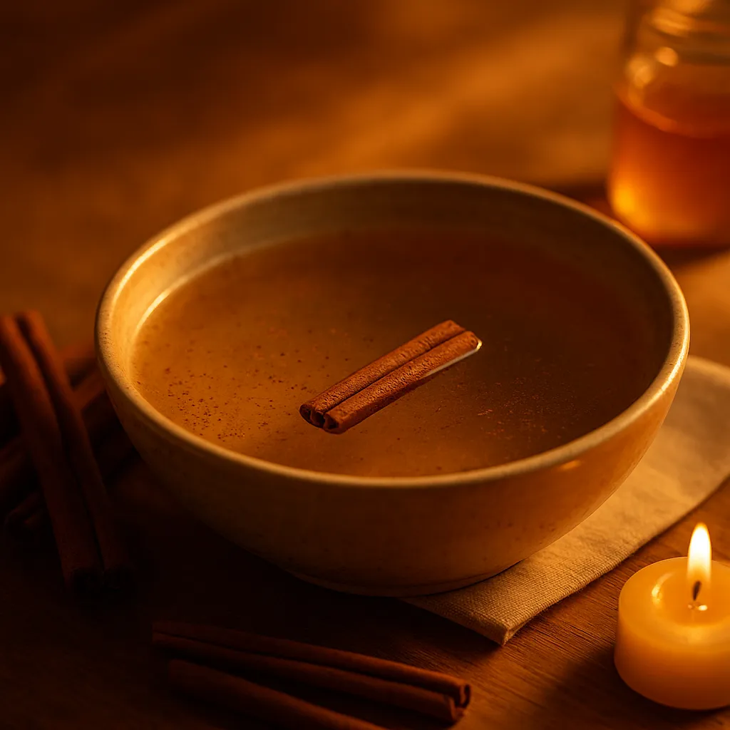 Bacia com banho preparado contendo água dourada e canela, cercada por paus de canela, vela acesa e pote de mel ao fundo, iluminada por luz suave dourada, simbolizando um ritual espiritual de prosperidade.