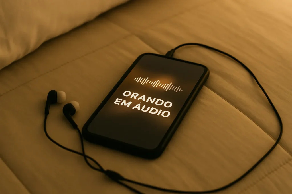 Celular sobre a cama exibindo a frase “Orando em Áudio” com fones de ouvido conectados, em um ambiente com iluminação suave e acolhedora — representando o uso de orações gravadas para dormir com paz espiritual.