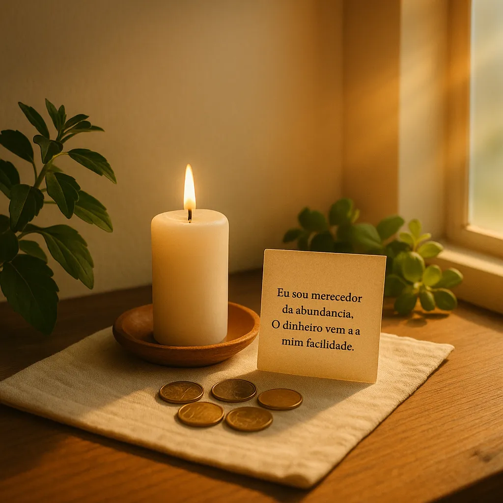 Pequeno altar com vela branca acesa, oração escrita em papel, moedas douradas e plantas verdes ao redor, sobre um pano claro iluminado pela luz do sol, simbolizando um ritual de conexão com a energia da prosperidade.