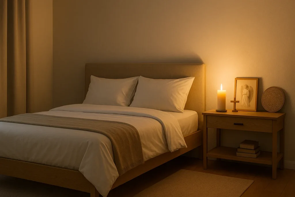 Quarto minimalista com cama arrumada em tons neutros, vela acesa no criado-mudo ao lado de uma imagem angelical, cruz de madeira e mandala decorativa — transmitindo tranquilidade e espiritualidade.