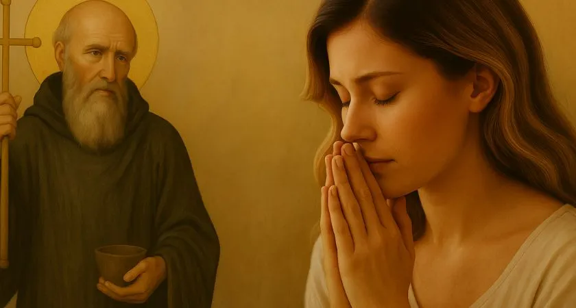 Imagem espiritual mostrando São Bento segurando uma cruz e uma tigela, ao lado de uma jovem mulher em oração, representando fé, proteção e conexão divina em um fundo dourado suave.