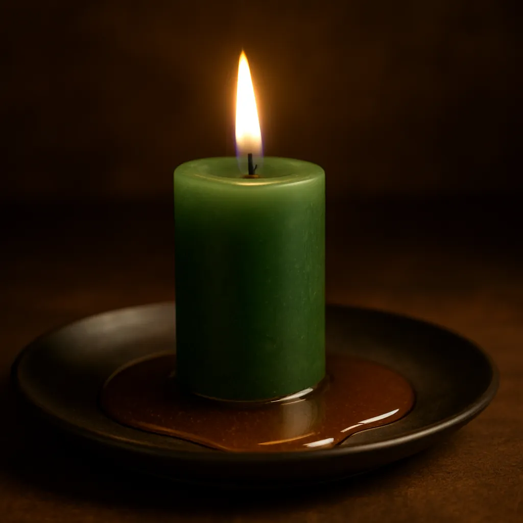 Vela verde acesa sobre um prato escuro com mel escorrendo ao redor, iluminada por luz dourada suave, representando um ritual espiritual para atrair dinheiro, abrir caminhos e fortalecer a energia da abundância.