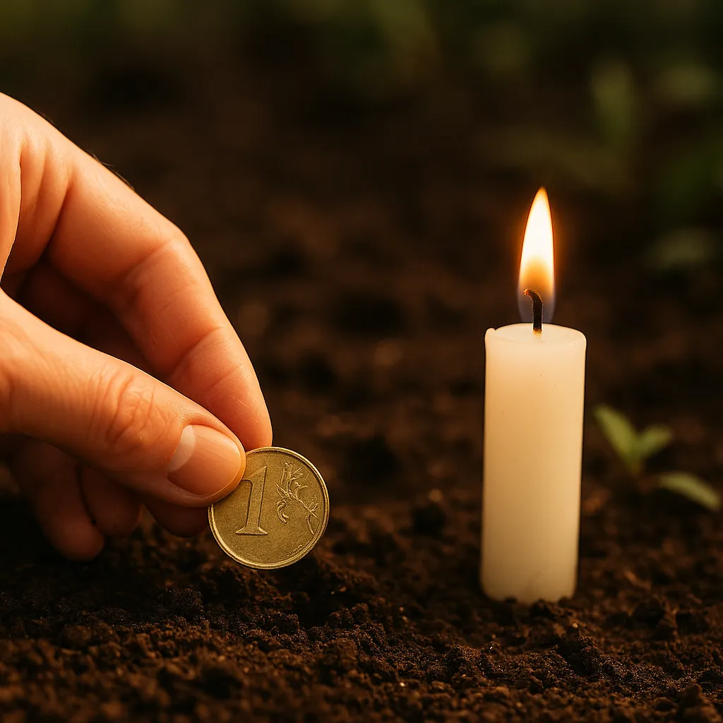 Mão enterrando uma moeda dourada na terra ao lado de uma vela branca acesa, com fundo desfocado, representando um ritual espiritual de fé e conexão com a natureza para atrair prosperidade.