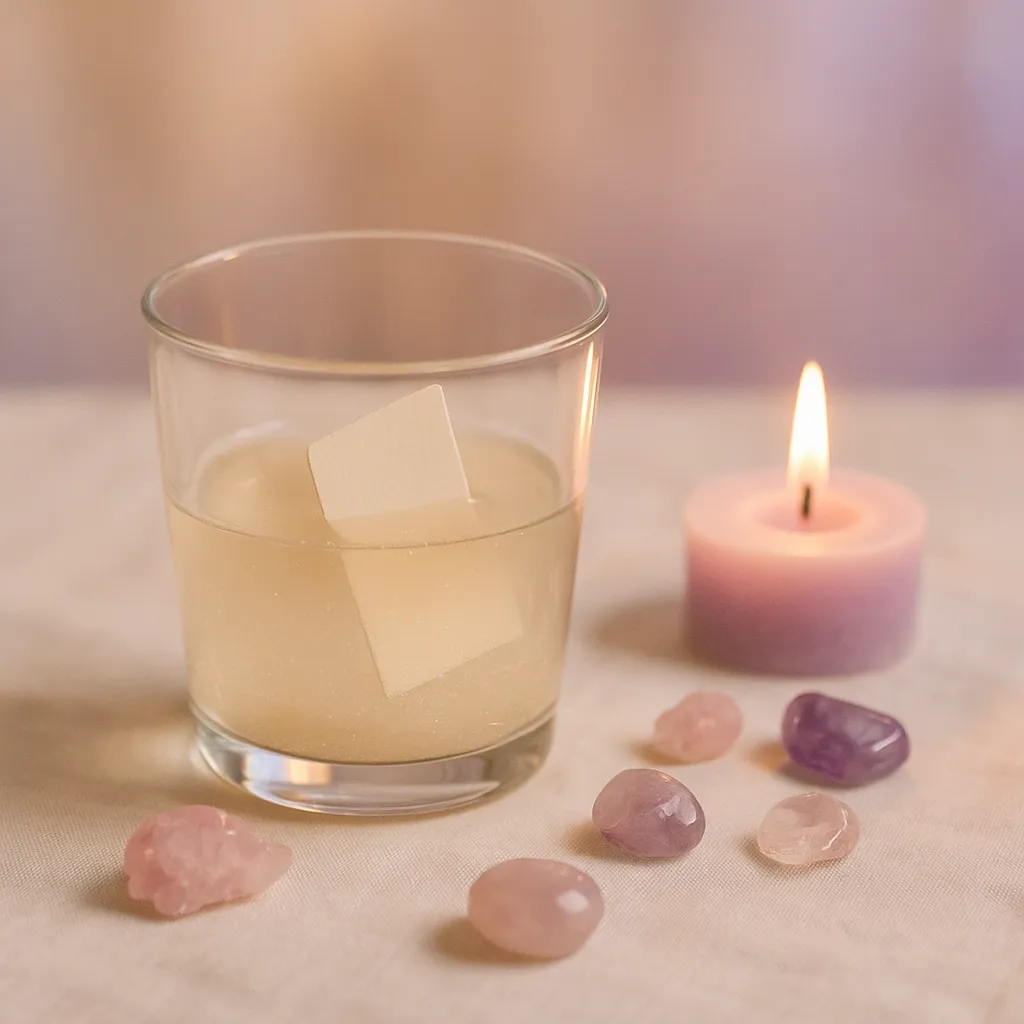 Copo de vidro com água e açúcar dissolvido contendo um papel dobrado dentro, ao lado de uma vela acesa e pedras de cristal sobre um pano branco, representando um ritual espiritual para atrair prosperidade com calma e intenção.