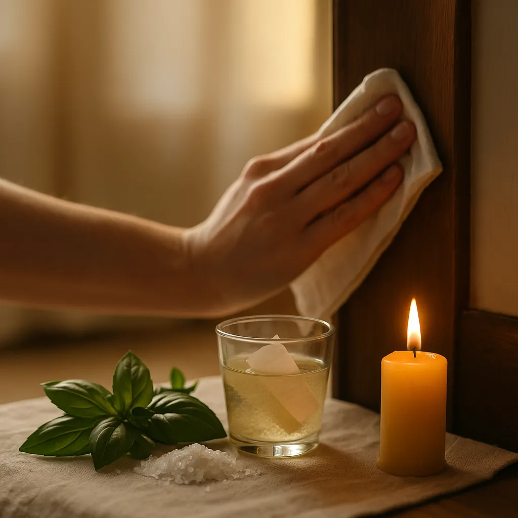 Mão limpando o batente de uma porta com pano branco ao lado de vela acesa, folhas de manjericão e sal grosso, representando um ritual espiritual de purificação e proteção energética do lar.