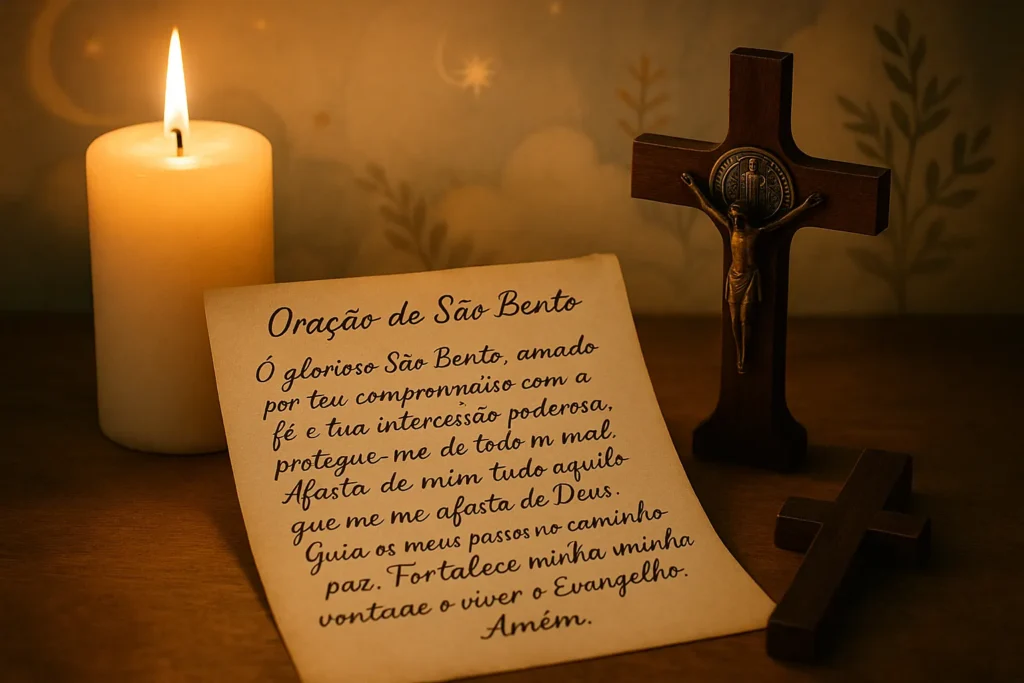 Imagem espiritual com vela acesa, oração de São Bento escrita em papel envelhecido e um crucifixo ao lado, criando uma atmosfera de paz, fé e contemplação com iluminação quente e suave.
