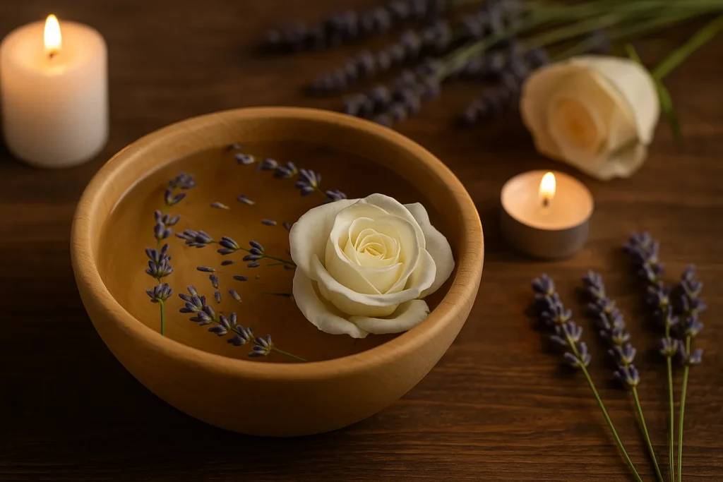 Tigela com pétalas de rosa branca e ramos de lavanda flutuando em água morna sobre mesa rústica com velas acesas, simbolizando proteção espiritual leve e elevação vibracional.