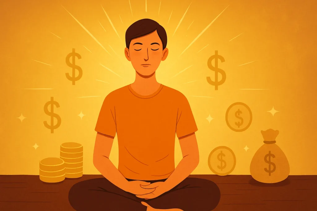 Ilustração de uma pessoa meditando em posição de lótus, cercada por símbolos de dinheiro como cifrões, moedas e saco de dinheiro, com fundo dourado representando energia de prosperidade e mentalização positiva