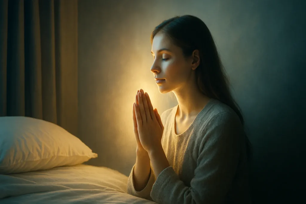 Mulher ajoelhada ao lado da cama com as mãos em oração, olhos fechados e expressão serena, iluminada por uma luz suave dourada em um ambiente escuro e tranquilo.