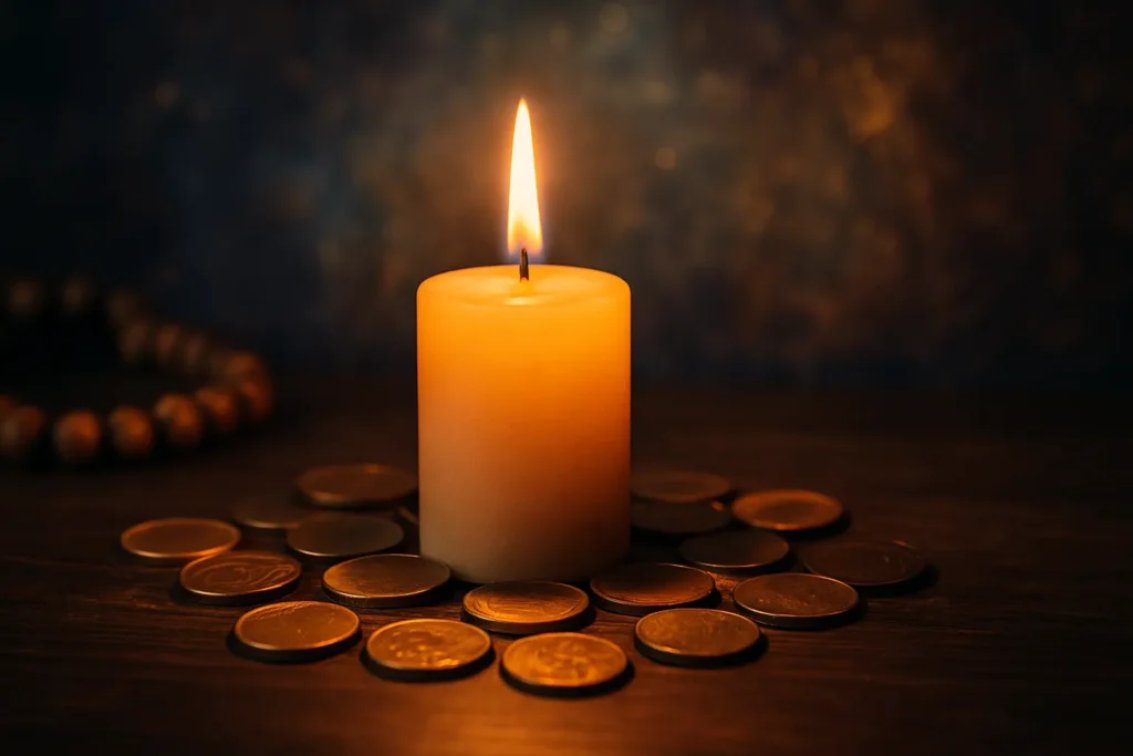 Imagem de uma vela acesa cercada por moedas sobre uma mesa de madeira escura, com fundo espiritual simbólico, representando uma simpatia para ganhar dinheiro e ativar a prosperidade