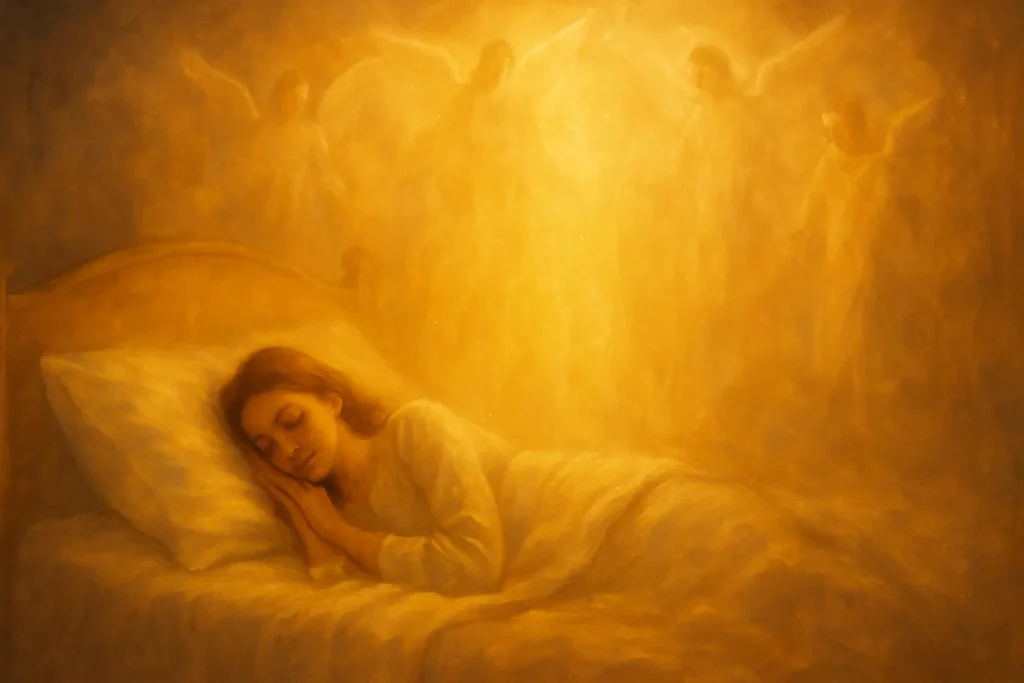 Ilustração de uma mulher dormindo serenamente em uma cama iluminada por luz dourada, com figuras angelicais ao fundo, simbolizando proteção espiritual durante o sono.