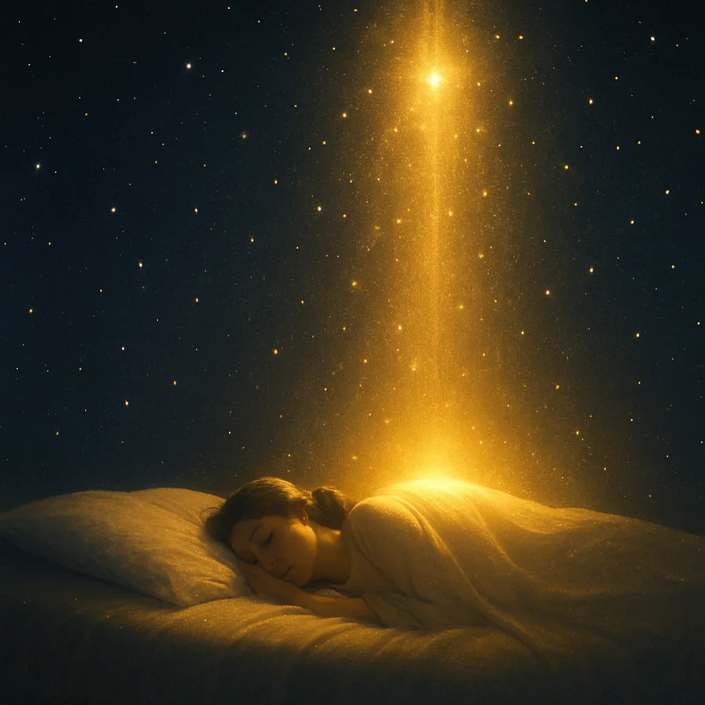 Mulher dormindo tranquilamente em uma cama com travesseiros brancos, sob um céu estrelado e um feixe de luz dourada descendo do alto, simbolizando cura e intervenção espiritual durante o sono.
