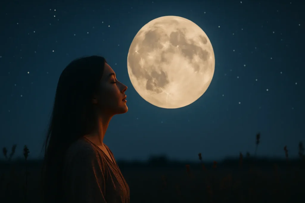 Jovem mulher com os olhos fechados contemplando a lua cheia em um campo, simbolizando conexão espiritual e busca por respostas.