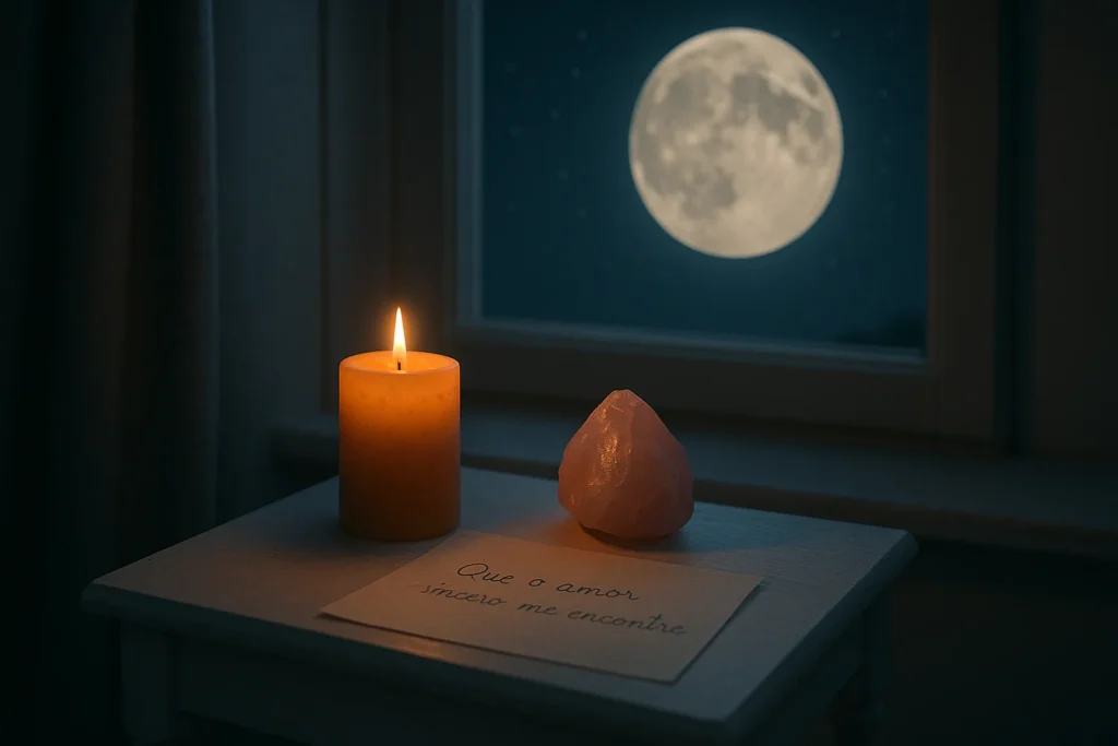 Vela acesa, cristal de quartzo rosa e papel com intenção amorosa diante de uma janela iluminada pela lua cheia, representando a preparação espiritual para atrair o amor verdadeiro.