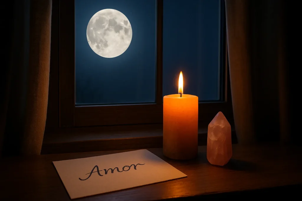 Cenas de um ritual espiritual com vela, cristal de quartzo rosa e a palavra “Amor” escrita em papel, diante de uma janela iluminada pela lua cheia, representando intenções para relacionamentos sinceros.