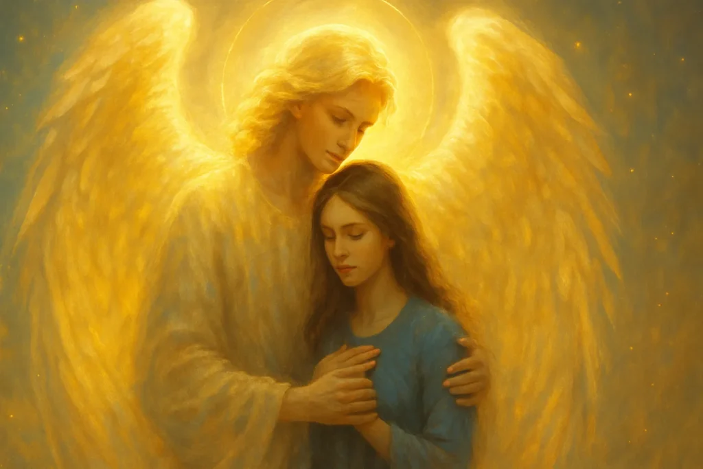 Anjo celestial envolve uma jovem com asas douradas e luz protetora