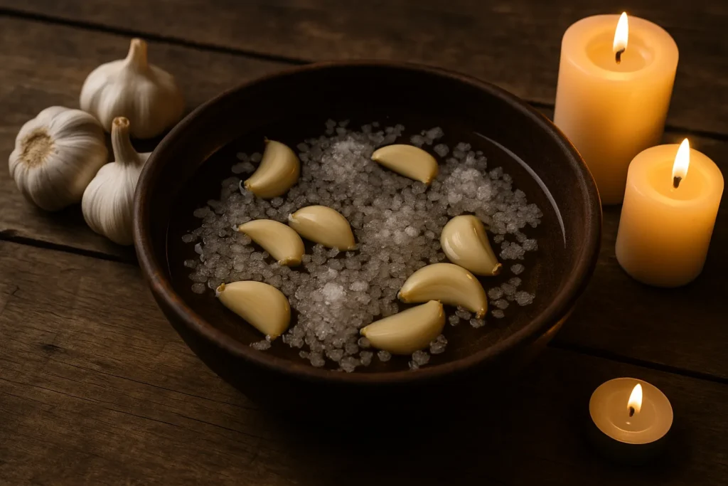 Tigela de barro com água morna contendo dentes de alho e sal grosso, cercada por velas acesas e cabeças de alho sobre mesa rústica, representando um ritual de proteção espiritual intensa.