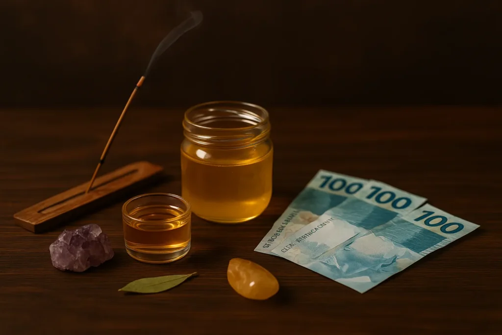 Imagem com cristais, incenso aceso, notas de cem reais, copo com mel e folha de louro sobre mesa de madeira escura, representando uma simpatia poderosa para atrair dinheiro e prosperidade