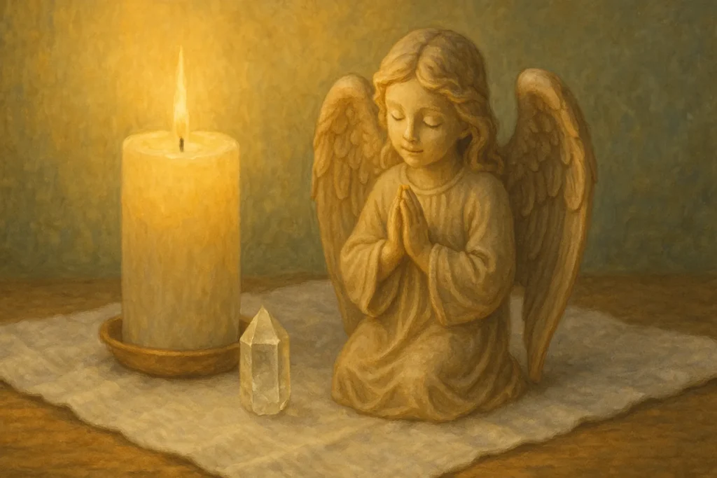 Pequeno altar com vela acesa, cristal e imagem de anjo sobre uma toalha branca