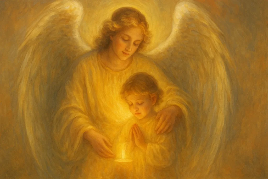 Anjo com asas abertas envolve uma criança em oração sob uma luz dourada suave e acolhedora