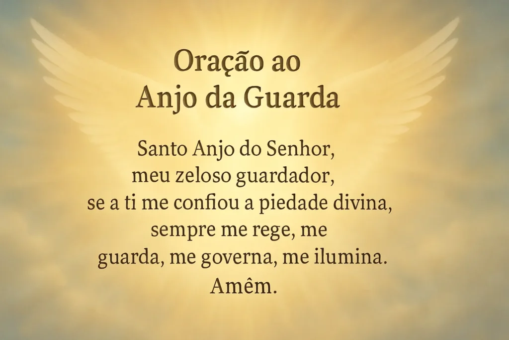 Texto da oração ao anjo da guarda centralizado sobre fundo com asas angelicais e luz dourada suave