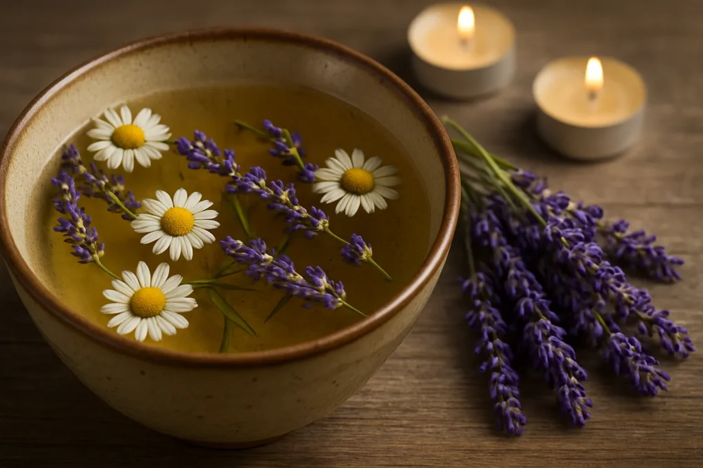 Tigela com infusão dourada contendo flores de camomila e ramos de lavanda, sobre mesa rústica com velas acesas ao fundo, simbolizando proteção emocional e elevação espiritual.