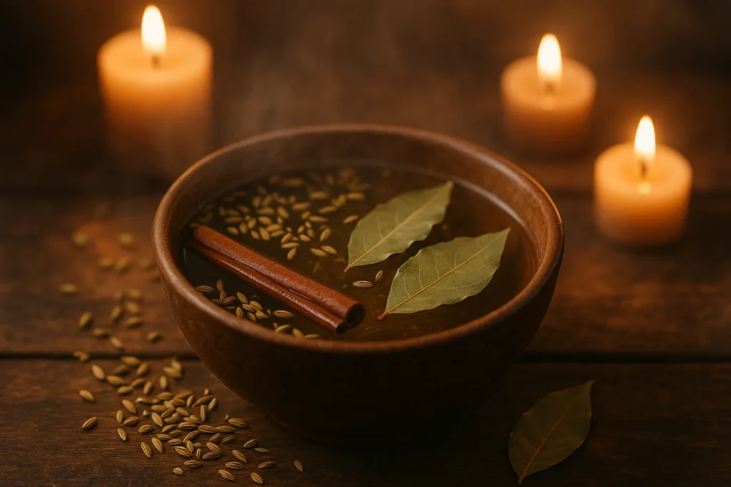 Tigela de cerâmica com infusão de erva-doce, pau de canela e folhas de louro em água quente, iluminada por velas ao fundo, simbolizando banho espiritual para proteção e bênçãos.
