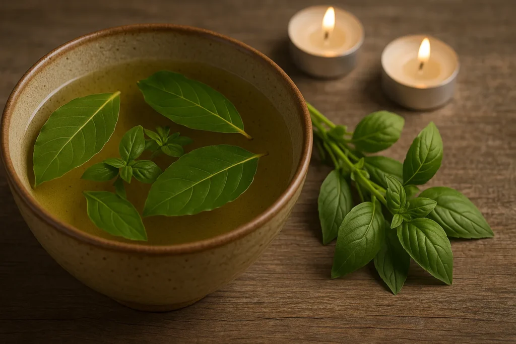 Tigela de cerâmica com infusão dourada de folhas de manjericão e louro, disposta sobre mesa de madeira com ramos frescos de manjericão e velas acesas ao fundo, simbolizando banho espiritual para proteção e abertura de caminhos.