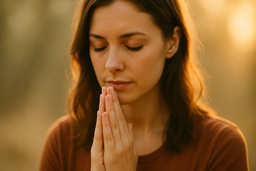 Mulher jovem de olhos fechados em oração, com as mãos unidas e expressão serena, iluminada por uma luz dourada suave ao fundo, transmitindo fé, introspecção e tranquilidade espiritual.