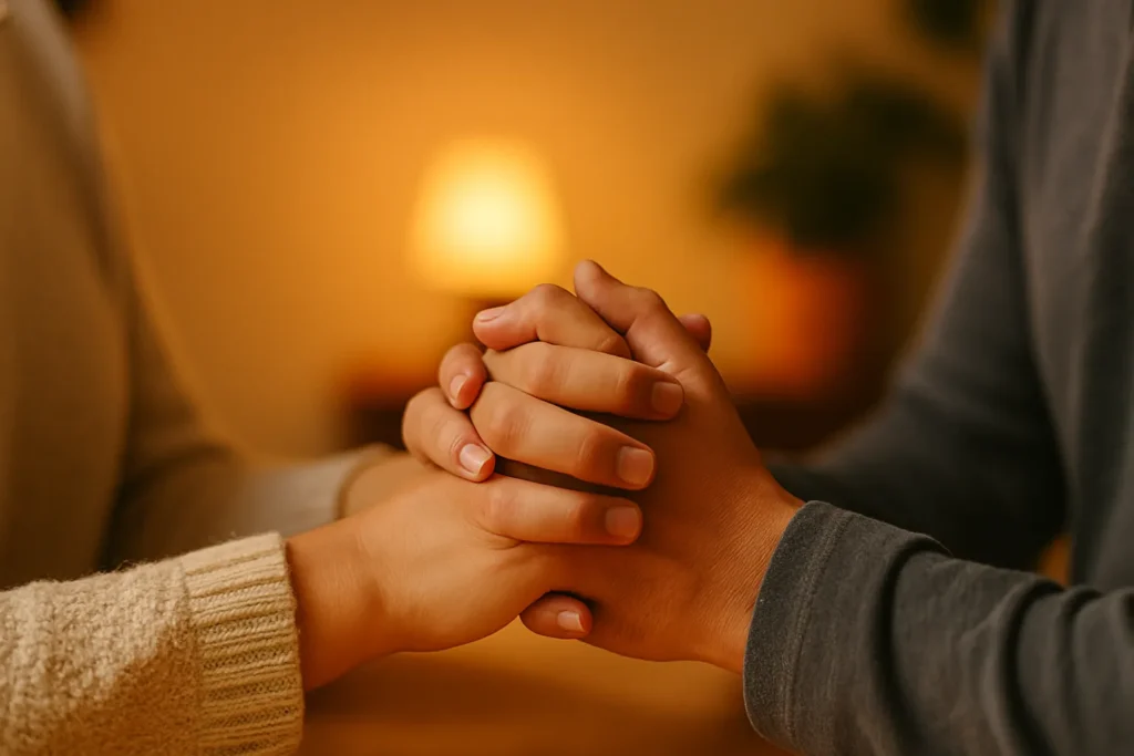 pessoas compartilhando oração do dia com amor e espiritualidade, de mãos dadas em prece