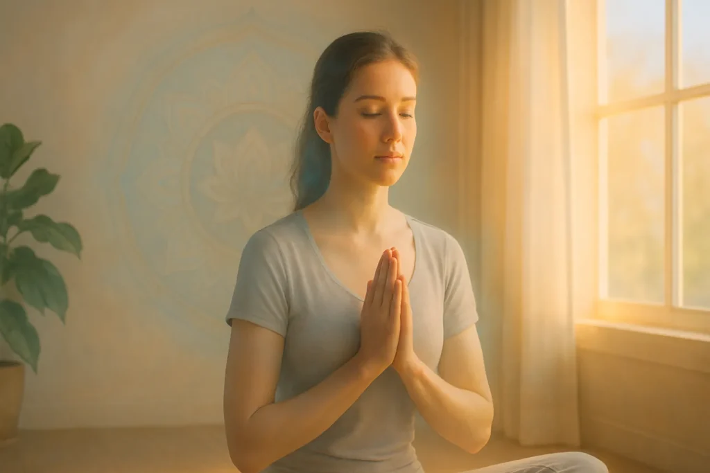 oração diária com fé e proteção espiritual, mãos em prece e olhos fechados diante da luz
