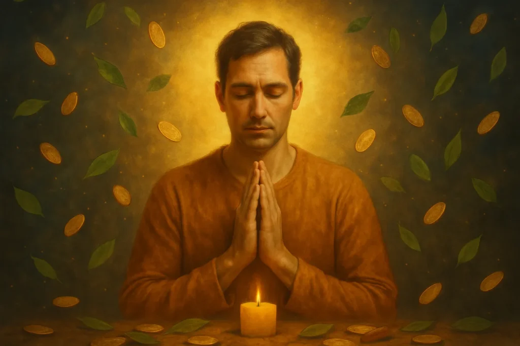 oração para prosperidade abrindo caminhos e ativando a abundância espiritual, com luz dourada, folhas e moedas caindo suavemente.