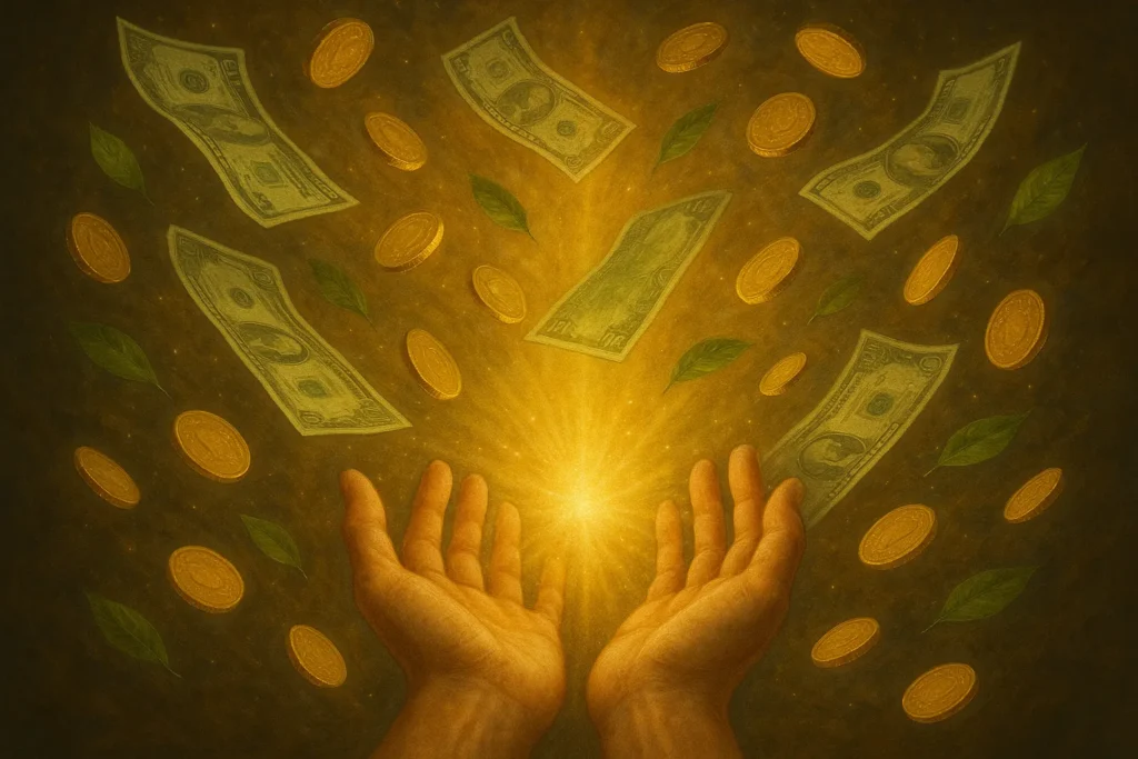 oração para atrair dinheiro e abundância com fé e gratidão, representada por mãos segurando luz dourada com moedas e notas flutuando ao redor.