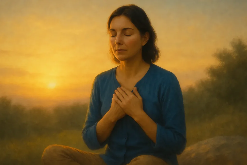 oração da fé para prosperar espiritualmente com equilíbrio e gratidão, representada por uma mulher em silêncio ao amanhecer com as mãos sobre o coração.