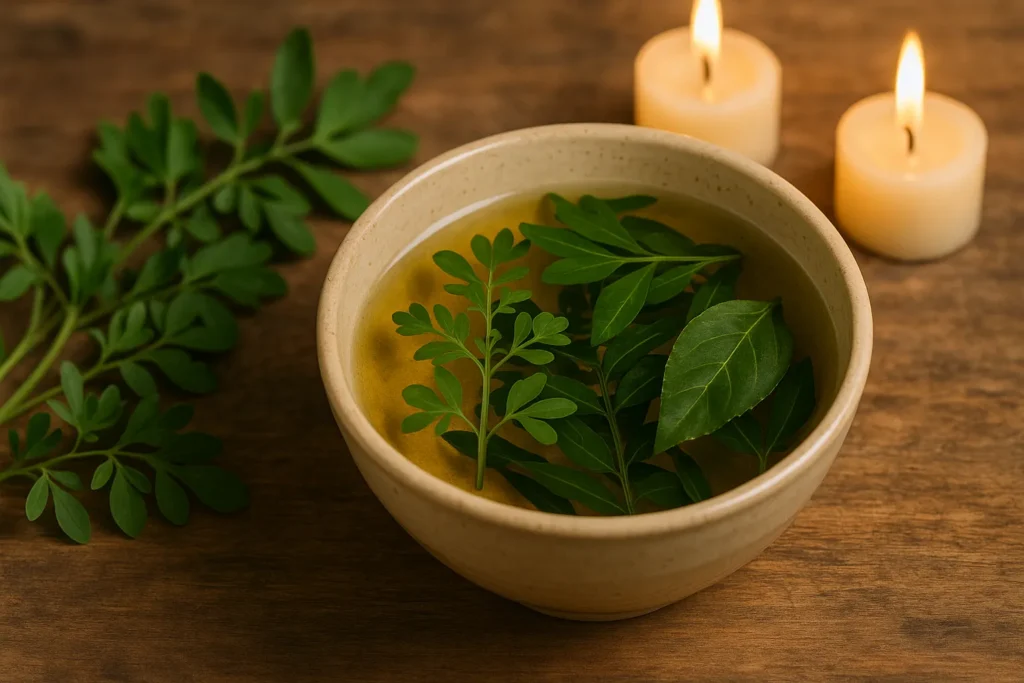 Tigela de cerâmica com infusão dourada de folhas frescas de arruda e guiné, sobre mesa de madeira com velas acesas ao fundo, simbolizando limpeza energética intensa e proteção espiritual.