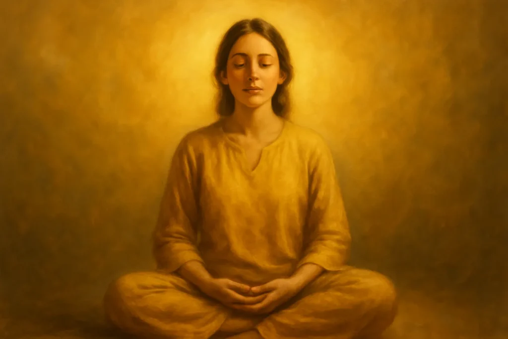 meditação guiada para atrair abundância e alinhar-se com a energia da prosperidade, com luz dourada e expressão de paz.