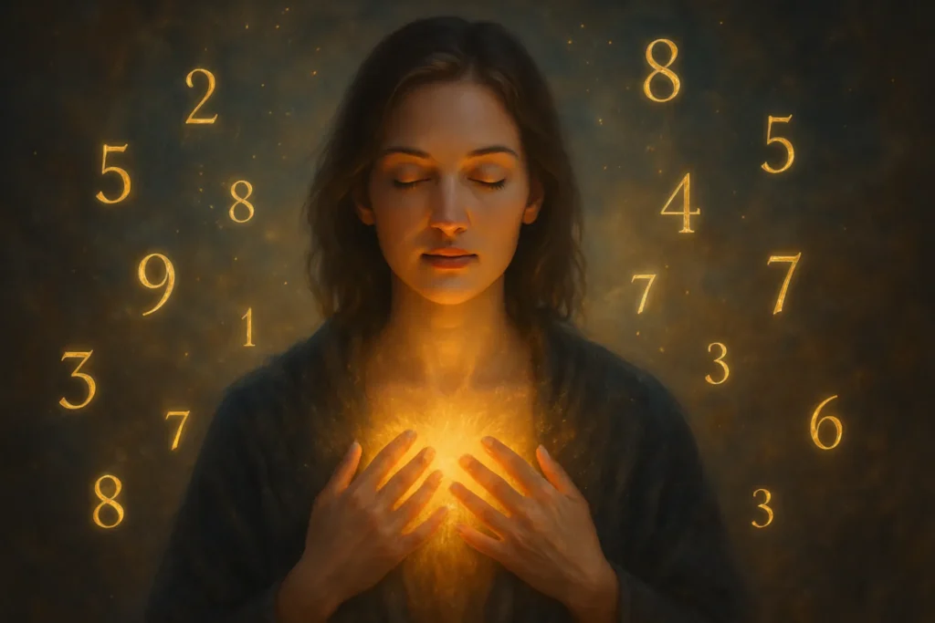 Pessoa de olhos fechados com mãos sobre o coração, cercada por uma aura dourada e números flutuando ao redor, representando o vínculo espiritual com sua essência numérica.