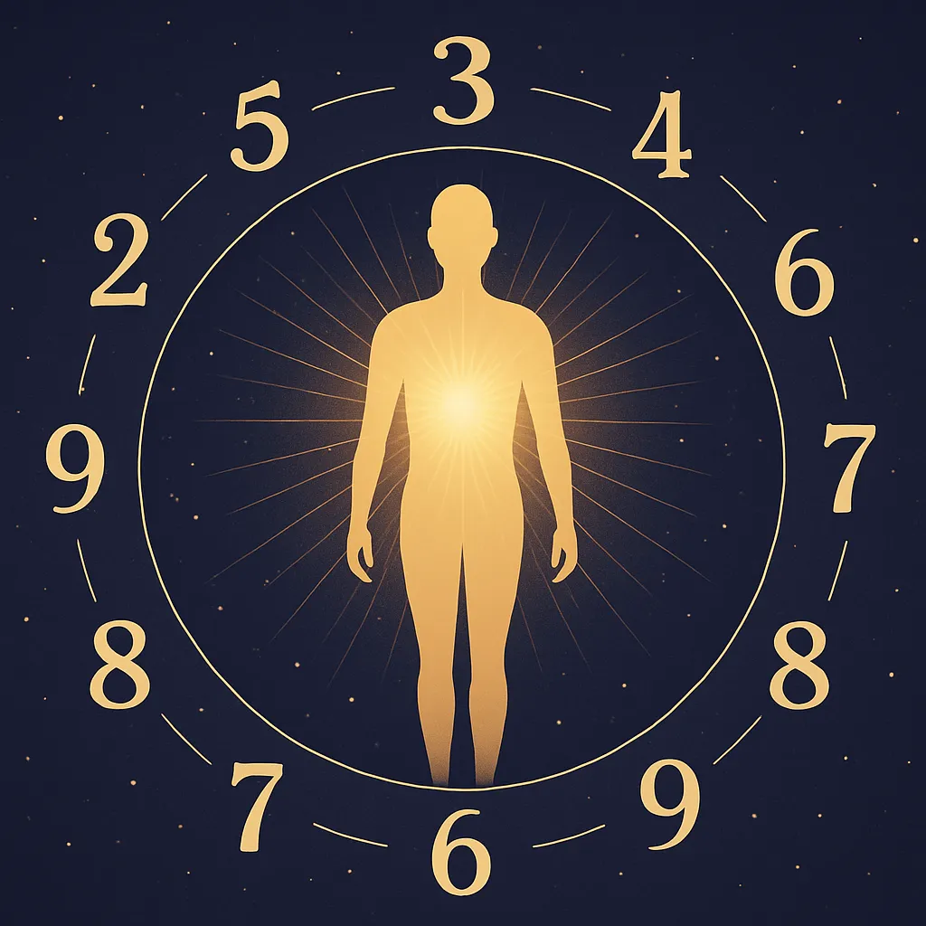 Silhueta dourada humana com raios irradiando do peito, cercada por números de 1 a 9 em círculo, simbolizando a influência espiritual da numerologia.