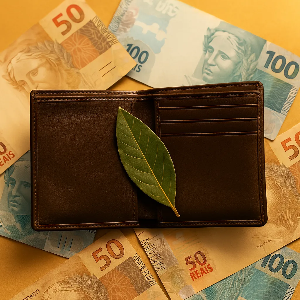 Carteira de couro aberta com uma folha de louro no interior, rodeada por cédulas de reais e iluminada por luz dourada, representando um ritual espiritual para atrair dinheiro e prosperidade.