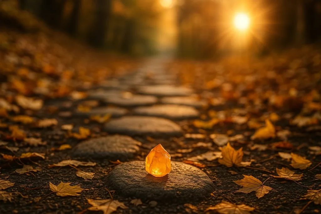 Cristal de citrino iluminado pelo sol em um caminho de pedras com folhas douradas, simbolizando o início de uma jornada espiritual.