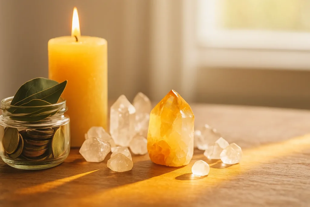 Vela acesa ao lado de um citrino, cristais e pote com moedas e louro sobre um altar iluminado pela luz do sol, representando um ritual de prosperidade.