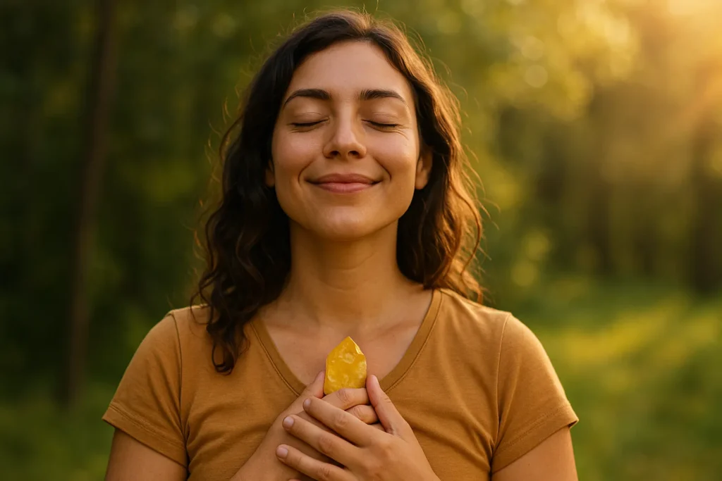 Mulher sorridente com olhos fechados segurando um citrino no peito, cercada por natureza e iluminada por luz dourada, simbolizando paz e conexão espiritual.