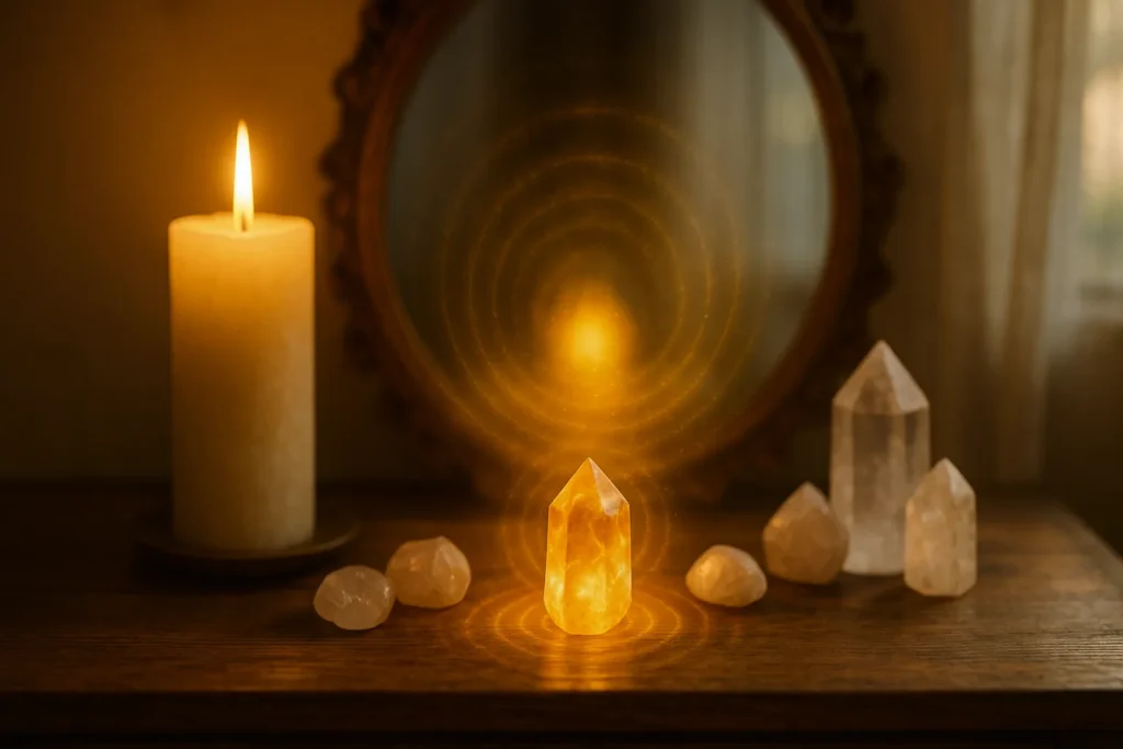 Pedra citrino irradiando luz dourada em frente a um espelho, com vela acesa e cristais sobre altar iluminado pelo sol, simbolizando prosperidade espiritual.
