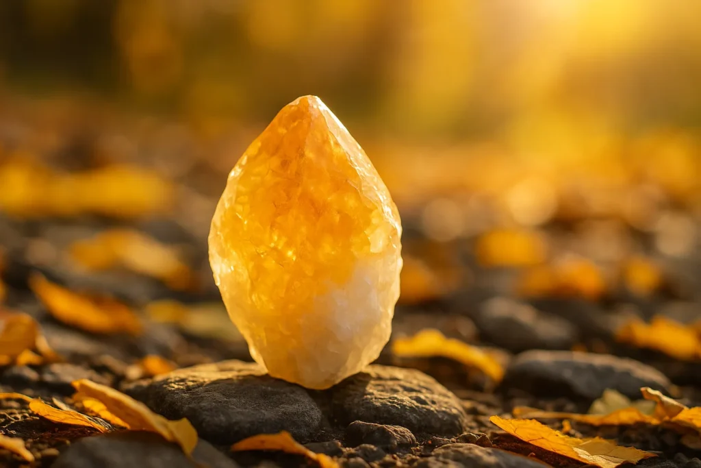 Citrino em destaque sobre pedras, cercado por folhas secas sob luz dourada, irradiando energia espiritual e conexão com a natureza.