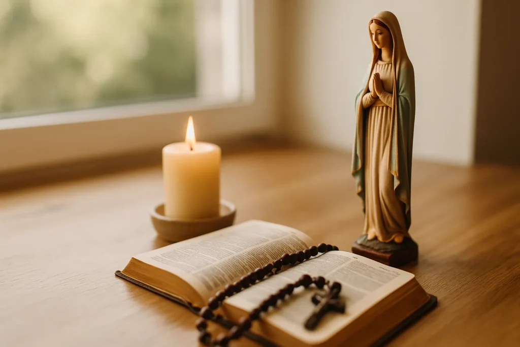 Pequeno altar com vela acesa, Bíblia aberta, terço e imagem de Nossa Senhora próximos a uma janela com luz natural.