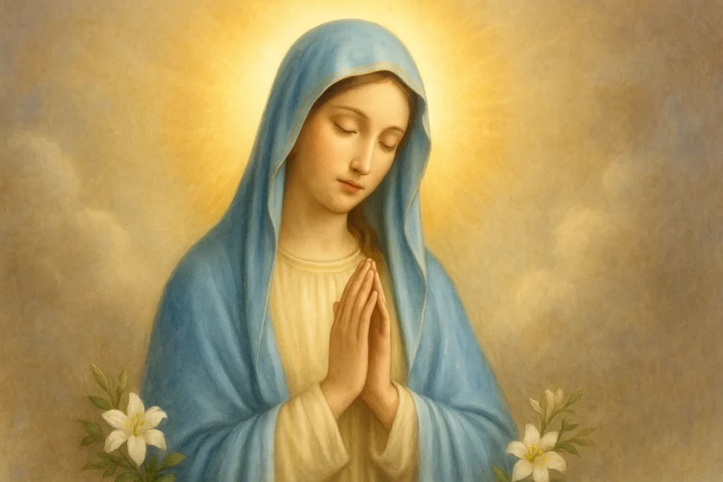 Imagem suave de Nossa Senhora com véu azul claro, mãos em prece, envolta por luz dourada e branca, com flores aos pés.