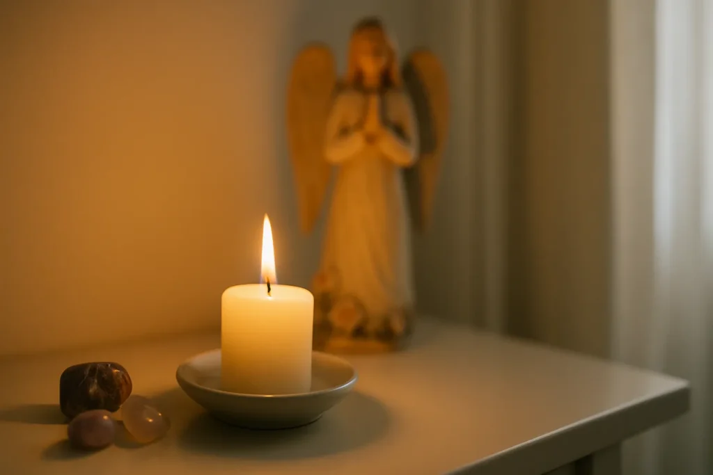 Quarto com altar simples contendo vela acesa, cristais e uma imagem de anjo ao fundo, iluminado por luz suave.