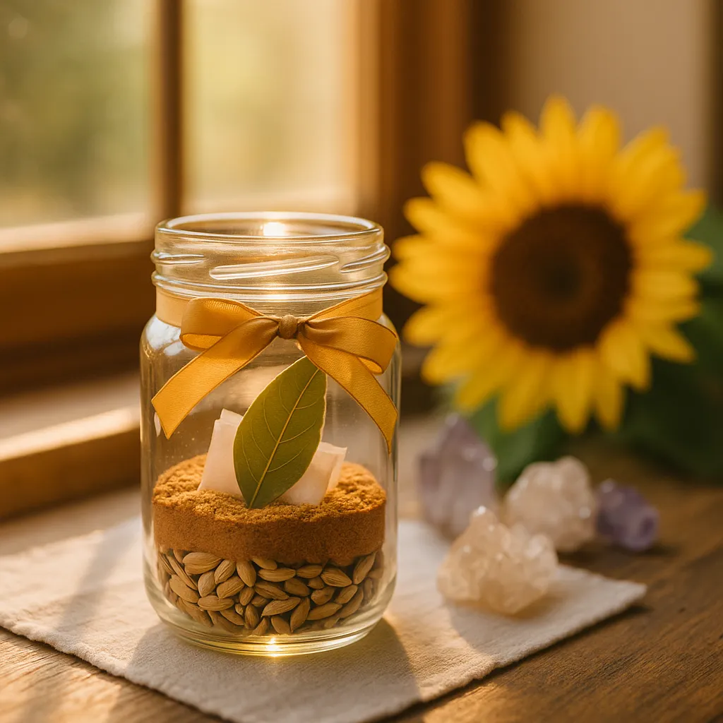 Pote de vidro decorado com fita dourada contendo sementes, folha de louro e papel dobrado, iluminado pela luz do sol junto a cristais e um girassol, representando um ritual espiritual para atrair dinheiro e prosperidade.